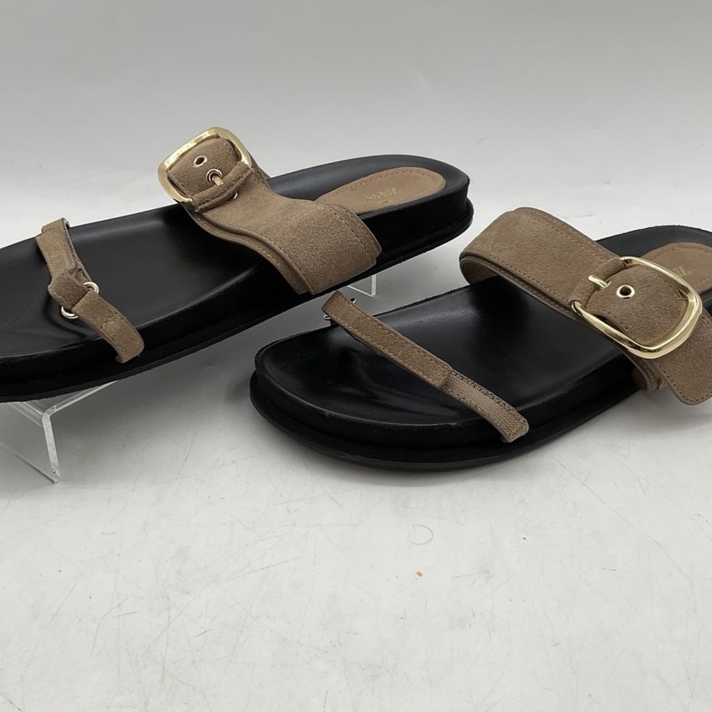 Women’s Suede Buckle Toe-Loop Slide Sandals in Taupe